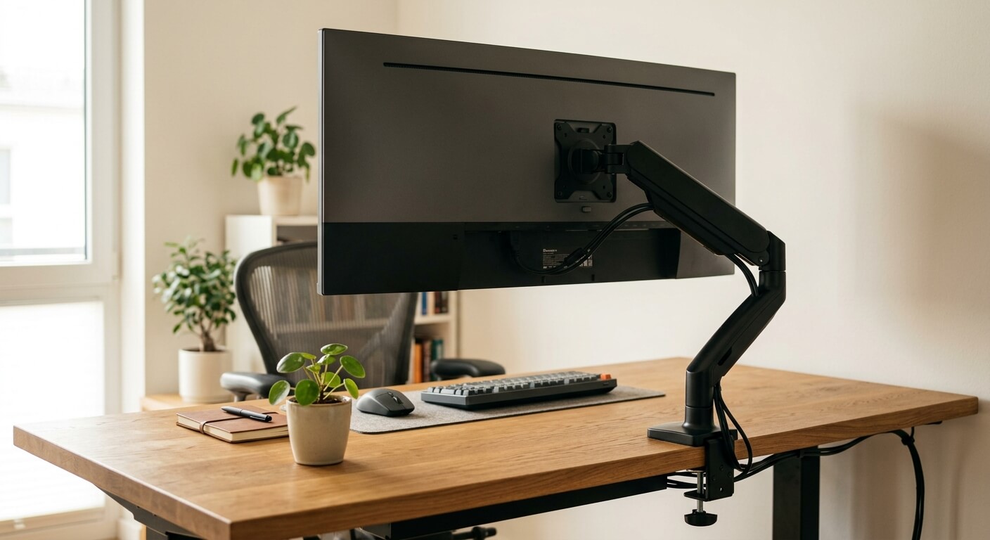 An ultrawide monitor mounted on a sturdy monitor arm above a clean desk with keyboard and plant