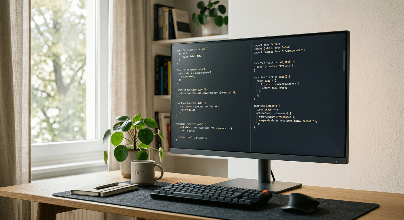A coding workspace with a large high-resolution monitor on a clean desk in natural daylight