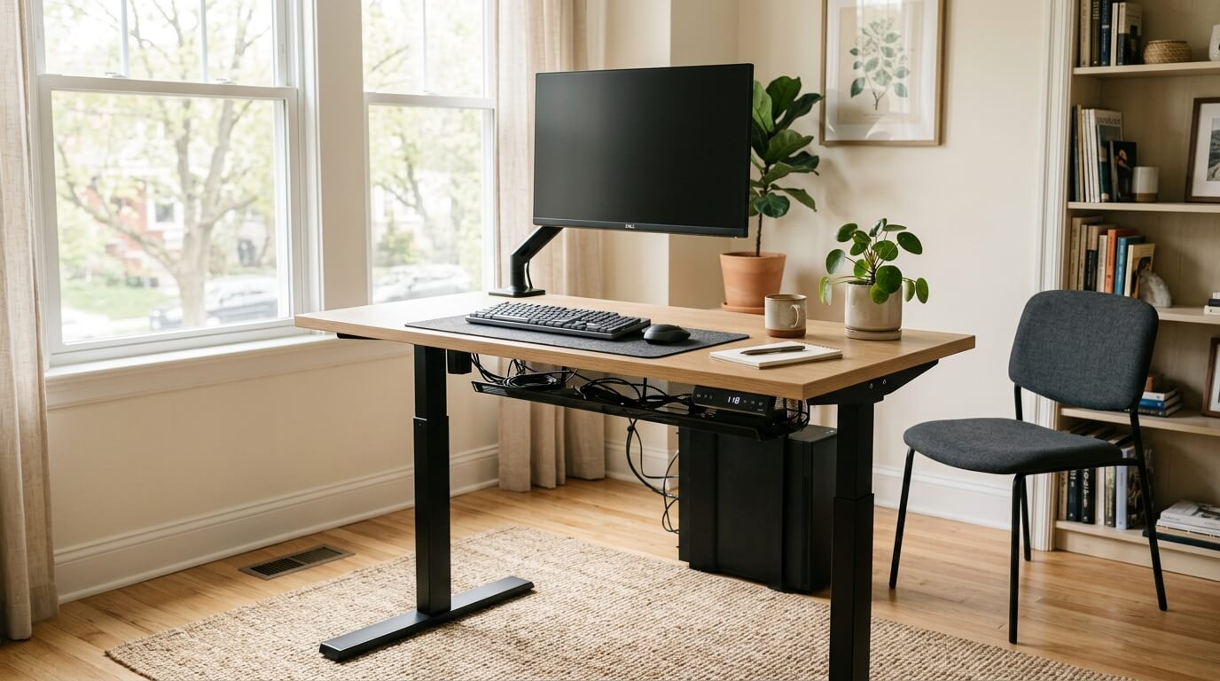 A modern adjustable standing desk in a home office with monitor, keyboard, and cable tray in natural daylight