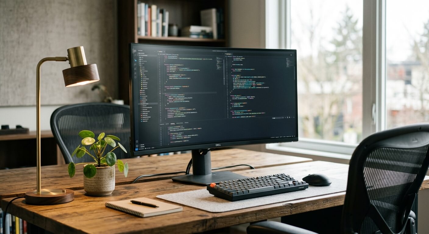 A clean developer workstation with monitor, keyboard, and ergonomic chair in natural daylight