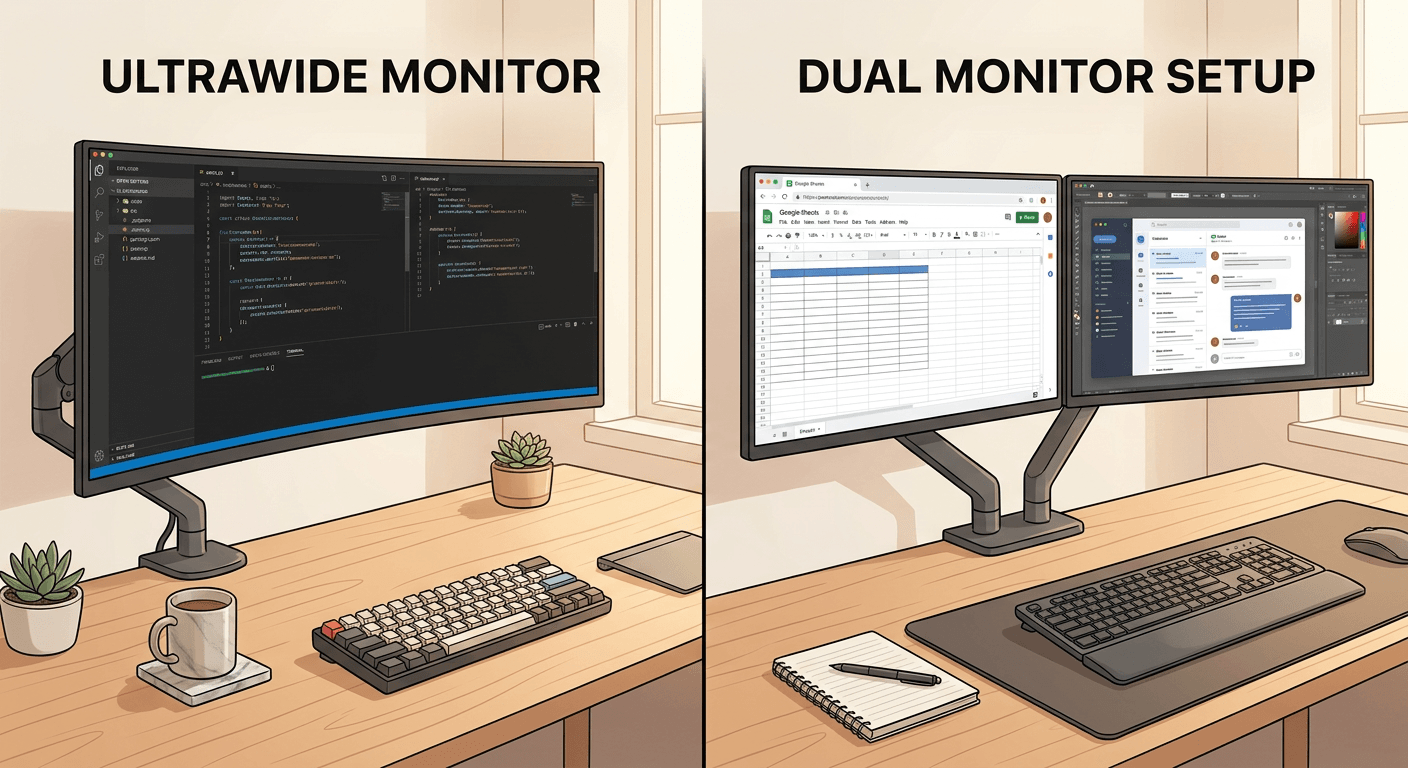 Side-by-side comparison of an ultrawide monitor setup and a dual monitor setup on similar desks